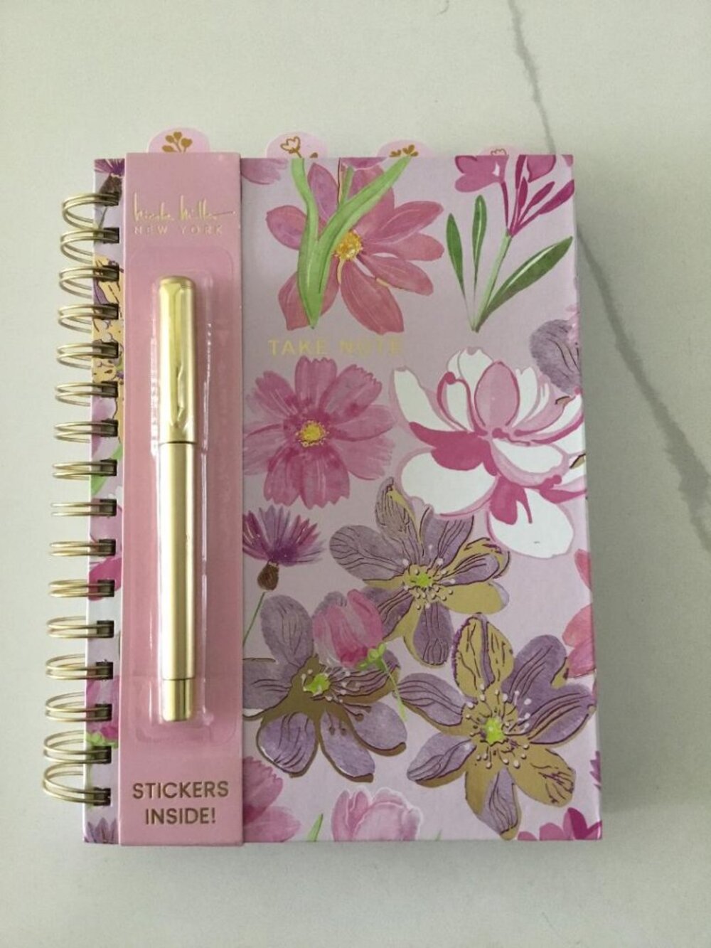 Nicole Miller Floral Spiral Planner and Matching Gold Pen Set with Stickers NEW